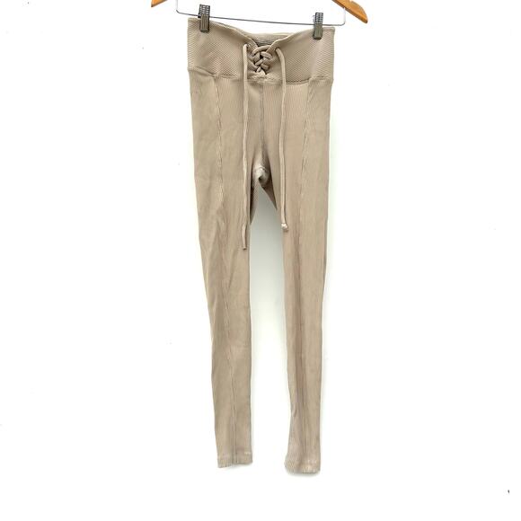 Year Of Ours Ribbed Lace Up Football Leggings Workout Pants Beige Small Caribou - Picture 2 of 8
